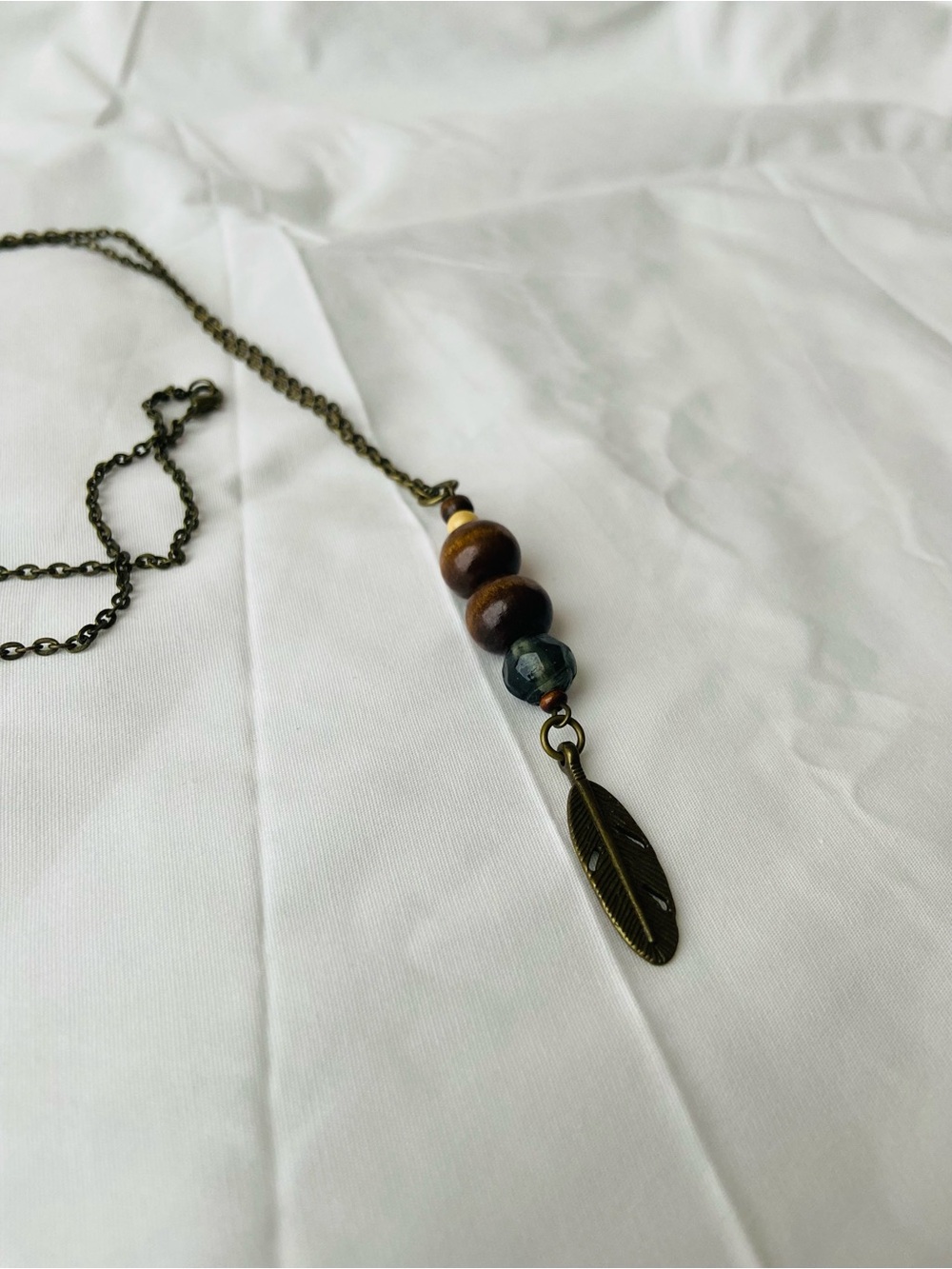 Boho Wood Bead Feather Pendant Necklace